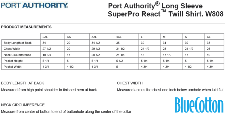 Size chart for a W808 Port Authority Long Sleeve SuperPro React Twill Shirt